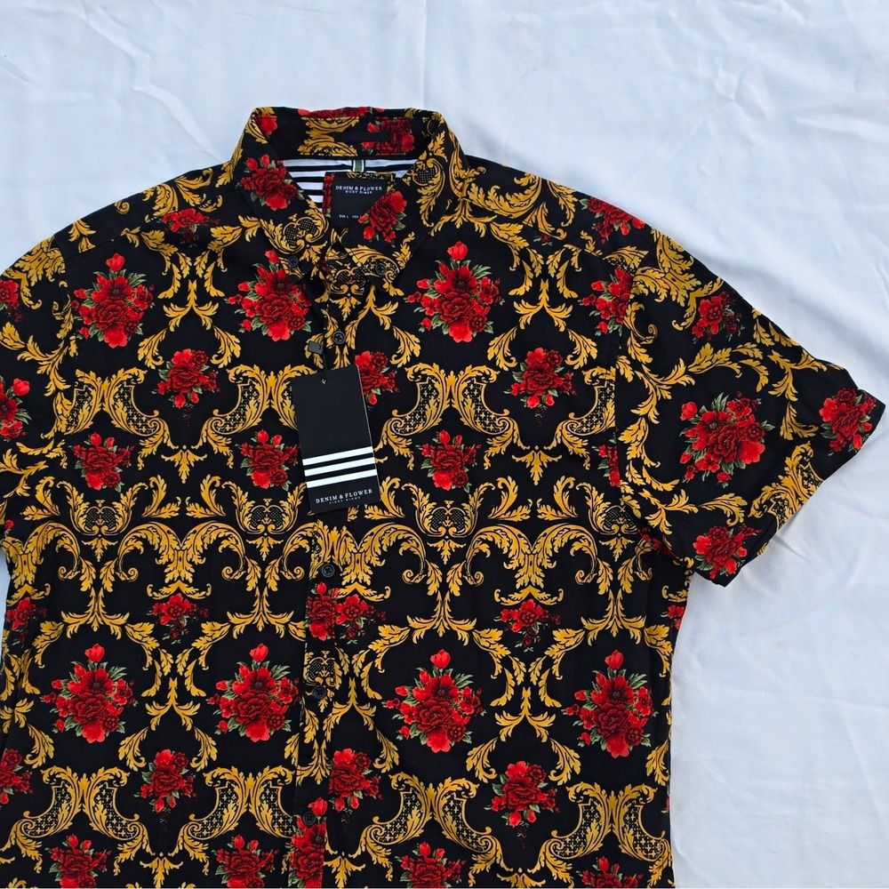 Denim & Flower Men's Cotton SS Button-Up Shirt Floral Black/Gold/Red L #258